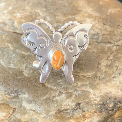 Navajo Orange Spiny Oyster Butterfly Ring | Sterling Silver | Sz Adj 8 | Authentic Native American Handmade | 10350