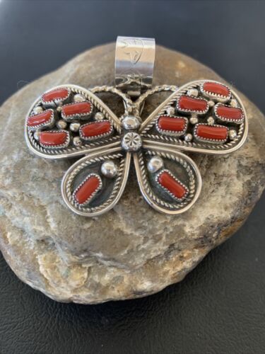 Navajo Red Coral Butterfly Pendant | Authentic Native American Sterling Silver | Multi-Stone | 1.5" | 1998