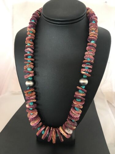 Authentic Native American Navajo Necklace | Purple Spiny Oyster & Turquoise | Sterling Silver | 24" Graduated