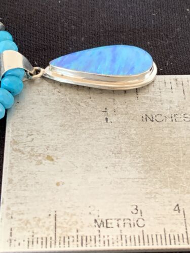 Navajo Blue Turquoise Necklace with Opal Pendant | Sterling Silver | Authentic Native American Handmade | 566