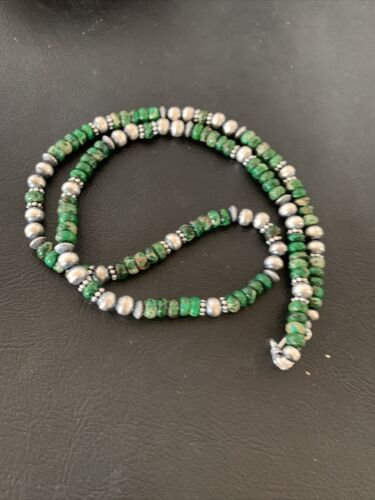 Navajo Green Turquoise Bead Necklace | Sterling Silver | 22" | Authentic Native American Handmade | 02040