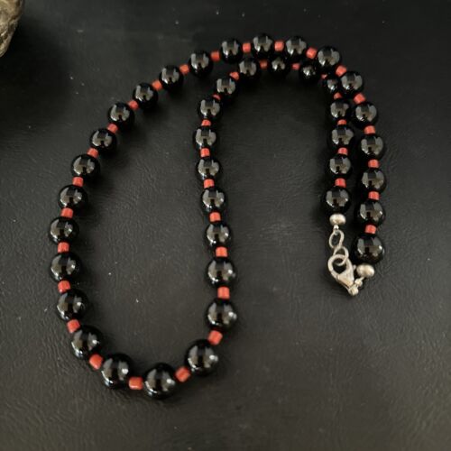 Men's Navajo Bamboo Coral Black Onyx Necklace | Sterling Silver | 20" | Authentic Native American Handmade | 14365