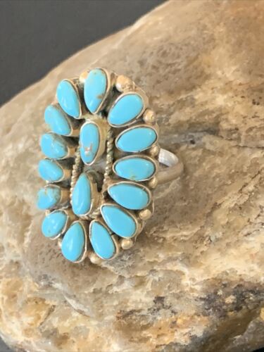Navajo Blue Cluster Turquoise Needlepoint Ring | Authentic Native American Sterling Silver | Multi-Stone | Sz 8 | 11942