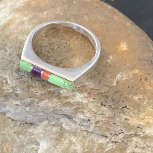Southwestern Navajo Green Gaspeite Sugilite Red Coral Inlay Ring | Sz 7 | 02252