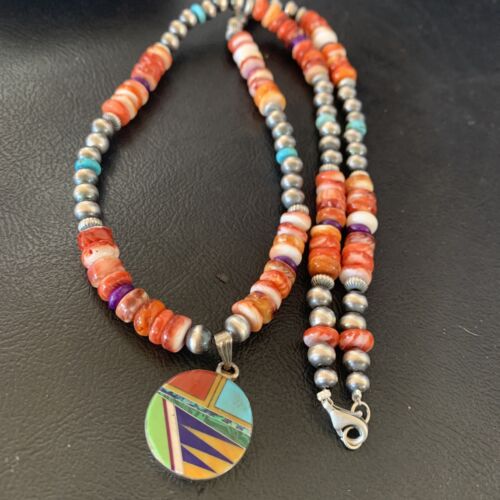 Navajo Multi-Color Spiny Turquoise Inlay Pendant Necklace | Sterling Silver | Authentic Native American Handmade | 12720