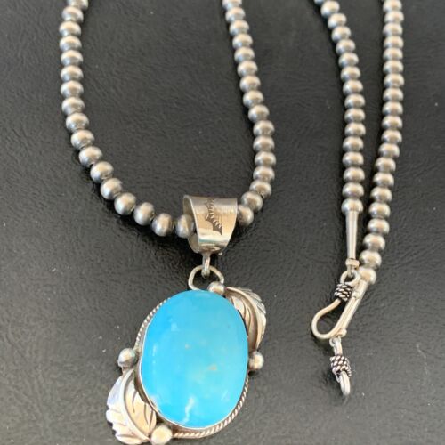 Women's Sterling Silver Blue Kingman Turquoise Necklace Pendant | Authentic Native American Handmade | 10898