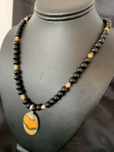 Men's Navajo Pearls Onyx Bumblebee Jasper Pendant Necklace | Sterling Silver | Native American Handmade | 10324