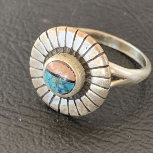 Navajo Blue Turquoise Pink Coral Inlay Ring | Sz 5.5 | Authentic Native American Handmade | 11171