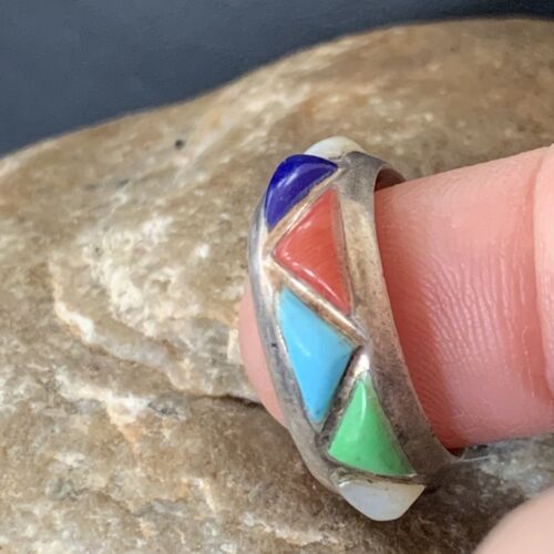 Navajo Multi-Color Turquoise Lapis Coral Mother of Pearl Inlay Ring | Sterling Silver | Sz 5.5 | 12399