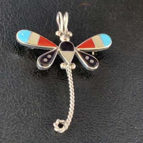 Zuni Turquoise Mother of Pearl Inlay Dragonfly Necklace Pin Pendant | Sterling Silver | 12321