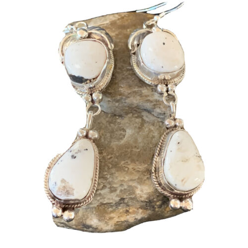Navajo White Buffalo Turquoise Dangle Earrings | Sterling Silver | 2.50" | Authentic Native American Handmade | 1665