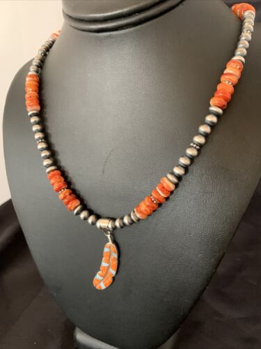 Navajo Pearls Sterling Silver Necklace | Orange Spiny Oyster Inlay Pendant | Authentic Native American Handmade | 11316