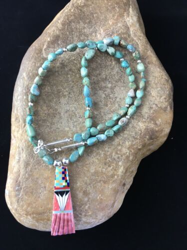 Authentic Native American Navajo Sterling Silver Necklace with Green Turquoise Inlay Pendant | 25" | 1751