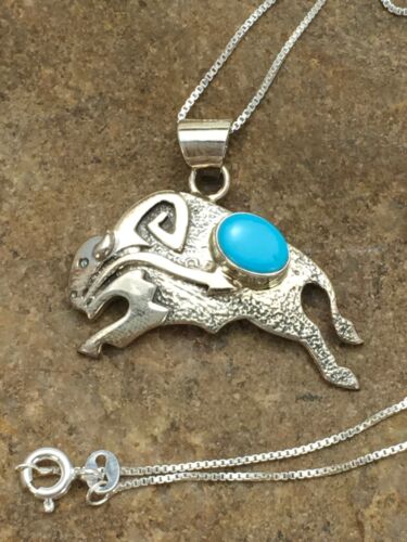 Navajo Buffalo Turquoise Pendant 1.25" | Sterling Silver | Native American Handmade | 20" | 3024