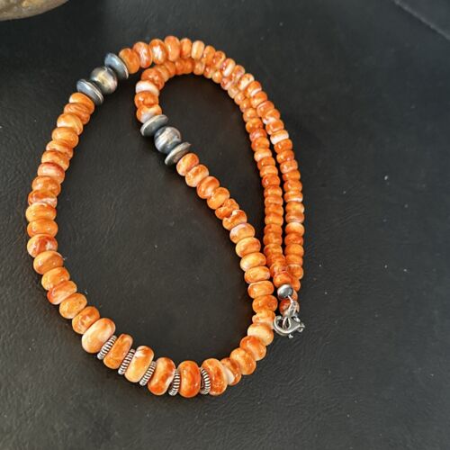 Navajo Orange Spiny Oyster Necklace | Sterling Silver Pearls | 20" | Authentic Native American Handmade | 14645