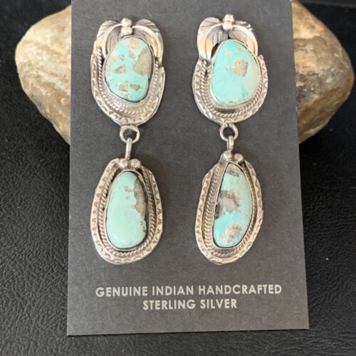 Navajo Blue Dry Creek Turquoise Post Dangle Earrings | Sterling Silver | Authentic Native American Handmade | 13880