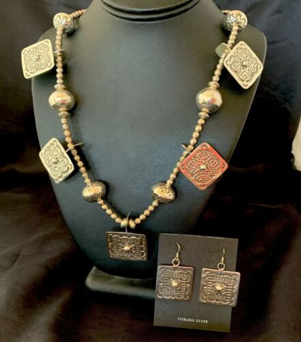 Navajo Square Blue Naja Necklace Set | Authentic Native American Sterling Silver | Handmade Stamped | 10767