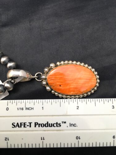 Navajo Orange Spiny Oyster Pendant Necklace | Sterling Silver | Authentic Native American Handmade | 8687