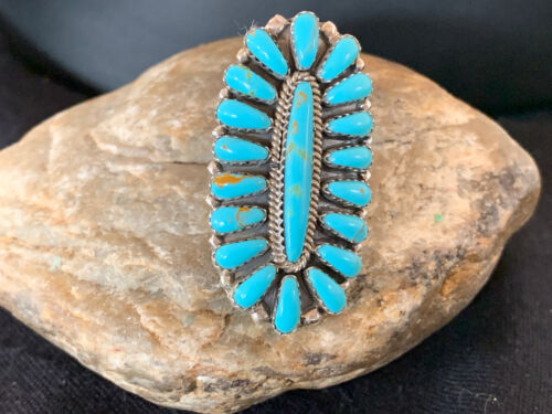 Navajo Blue Cluster Turquoise Needlepoint Ring | Authentic Native American Sterling Silver | Multi-Stone | Sz 6.5 | 614