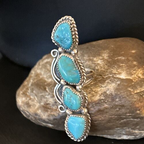 Navajo Blue Kingman Turquoise Cluster Ring | Authentic Native American Sterling Silver | Multi-Stone | Sz 8.5 | 14491