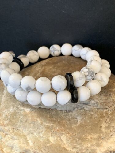 Navajo Memory Wire Bracelet | Stainless Steel | Howlite & Onyx Beads | Sterling Silver | 01956