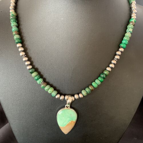 Navajo Green Turquoise Pendant Necklace | Sterling Silver Beads | Authentic Native American Handmade | 13366