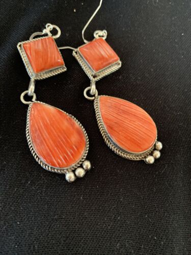 Navajo Red Spiny Oyster Dangle Earrings | Sterling Silver | Authentic Native American Handmade | 203