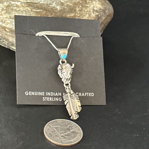 Navajo Buffalo Turquoise Pendant | Sterling Silver | Authentic Native American Handmade | 18" | 14686