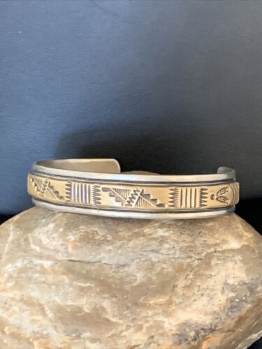 Men's Navajo Handmade Stamped Sterling Silver Cuff Bracelet with 12K Gold | Authentic Native American | 13676