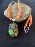 Navajo Green Turquoise and Spiny Bead Necklace Pendant | Sterling Silver | Authentic Native American Handmade | 573