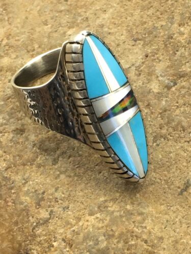Navajo Multi-Color Opal & Turquoise Inlay Ring | Sterling Silver | Sz 8 | Authentic Native American Handmade | 01593