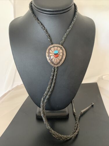 Navajo Turquoise Coral Bolo Tie | Sterling Silver | Authentic Native American Handmade | 1999 Bolo