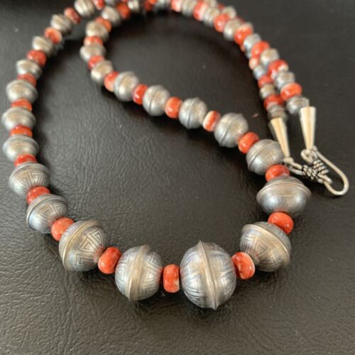Navajo Pearl Red Spiny Oyster Bead Necklace | Sterling Silver | Single Strand | 11878