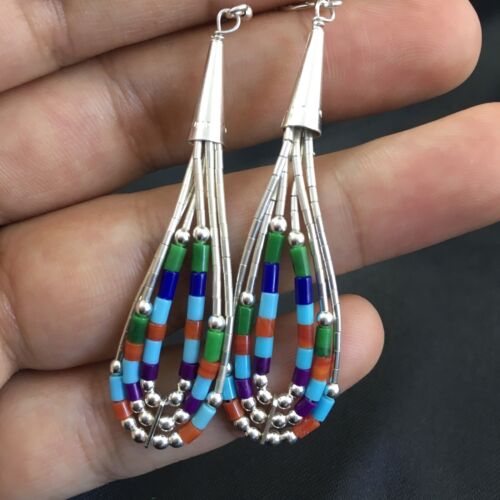 Handmade Liquid Silver Heishi Dangle Earrings | Turquoise Coral | Sterling Silver | 2" | 2009