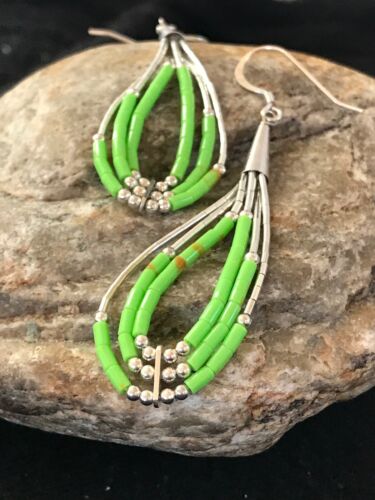 Navajo Green Gaspeite Earrings | Sterling Silver Liquid Heishi Dangle | 2.25" | Authentic Native American Handmade | 2021