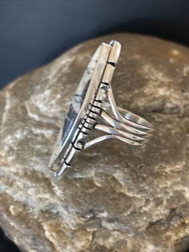 Southwestern Navajo White Buffalo Turquoise Ring | Sterling Silver | Sz 8 | 10295