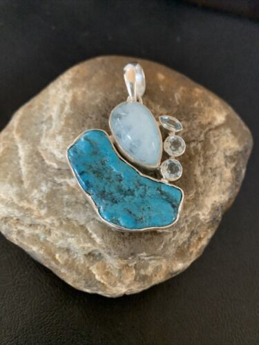 Navajo Blue Topaz Turquoise Pendant | Sterling Silver | 2" | Authentic Native American Handmade | 10832