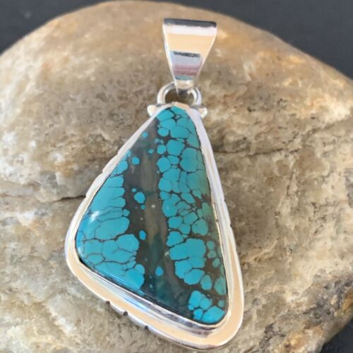 Navajo Men's Pendant | Sterling Silver Spiderweb Turquoise | 2" | Authentic Native American Handmade | 10756