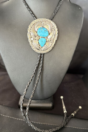 Native American Men's Bolo Tie | Blue Kingman Turquoise | Sterling Silver | Navajo Handmade | 14279