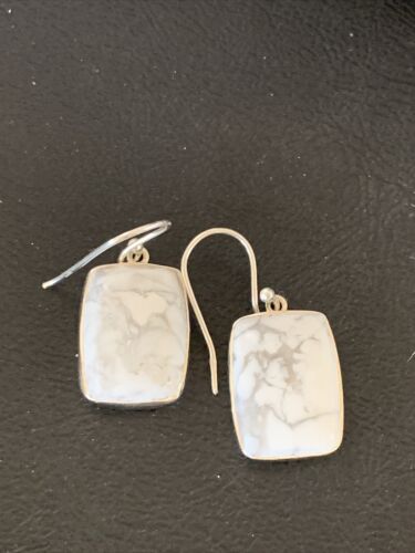 Navajo Sterling Silver White Howlite Black Dangle Rectangle Earrings | 0.75" | 12072