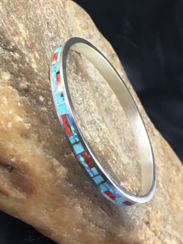 Native American Zuni Opal Spiny Turquoise Inlay Bracelet | Sterling Silver Bangle | 10199