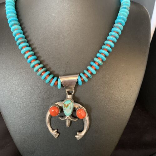 Navajo Sterling Silver Necklace | Blue Turquoise & Coral Naja Pendant | Authentic Native American Handmade | 13748