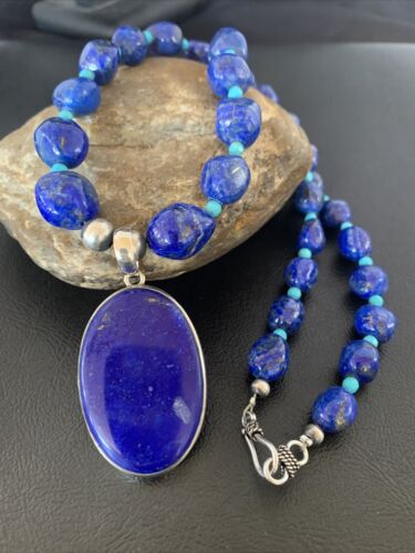 Navajo Blue Lapis Turquoise Pendant Necklace | Sterling Silver | 20" | Authentic Native American Handmade | 10269
