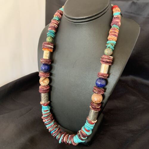 Navajo Sterling Silver Necklace | Turquoise, Spiny Oyster, Coral, Lapis | 24" | Authentic Native American | 10825