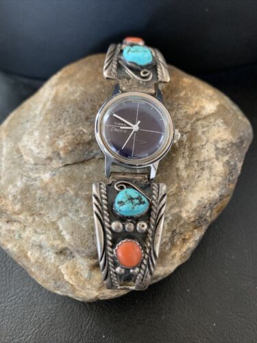 Authentic Vintage Native American Navajo Turquoise Coral Sterling Silver Bracelet Old