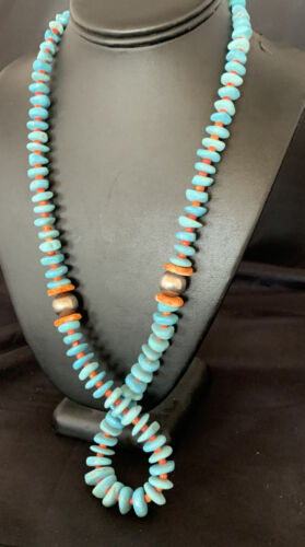 Navajo Natural Turquoise & Spiny Oyster Necklace | Sterling Silver | Authentic Native American | 29" | 13233