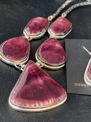 Navajo Purple Spiny Oyster Necklace Choker Earrings Set | Sterling Silver Pendant | 20" | Authentic Native American Handmade | 13792