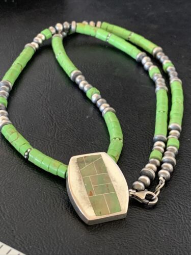 Navajo Green Gaspeite Turquoise Pendant | Sterling Silver | Authentic Native American Handmade | 12345