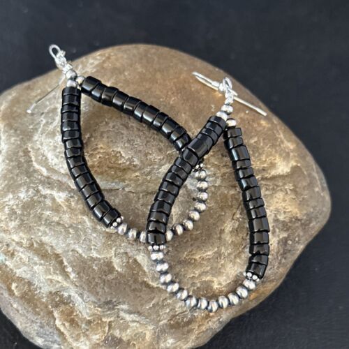 Native American Black Onyx Dangle Earrings | Sterling Silver Heishi Bead | 2" | 14427 - Masha USA
