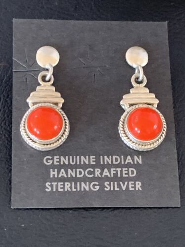 Native American Navajo Red Coral Dangle Earrings | Sterling Silver | 1" | 13113 - Masha USA